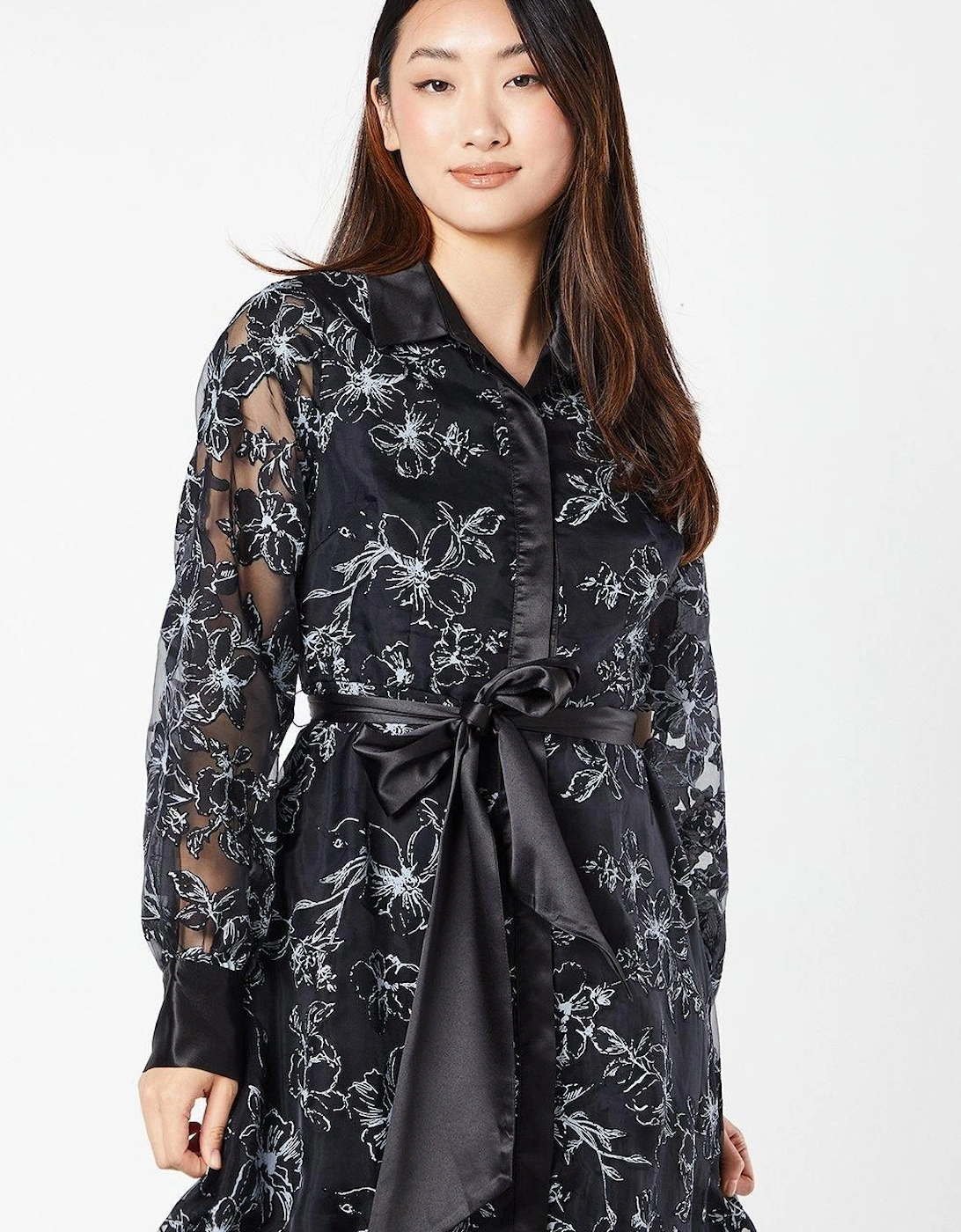 Floral Jacquard Long Sleeve Shirt Dress