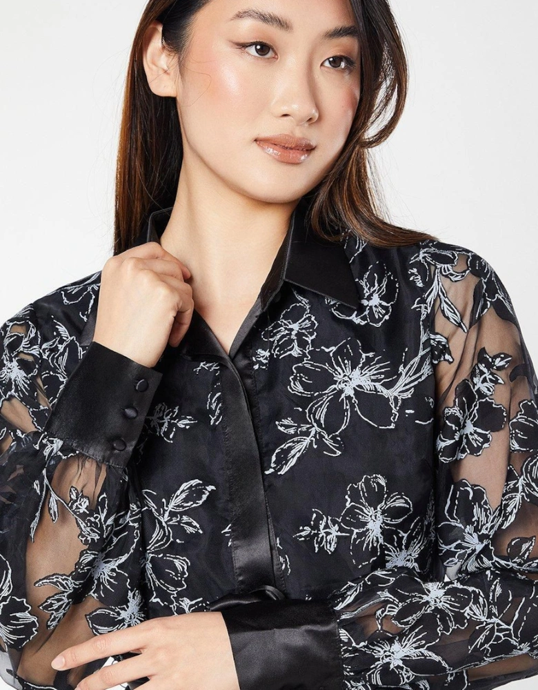 Floral Jacquard Long Sleeve Shirt Dress