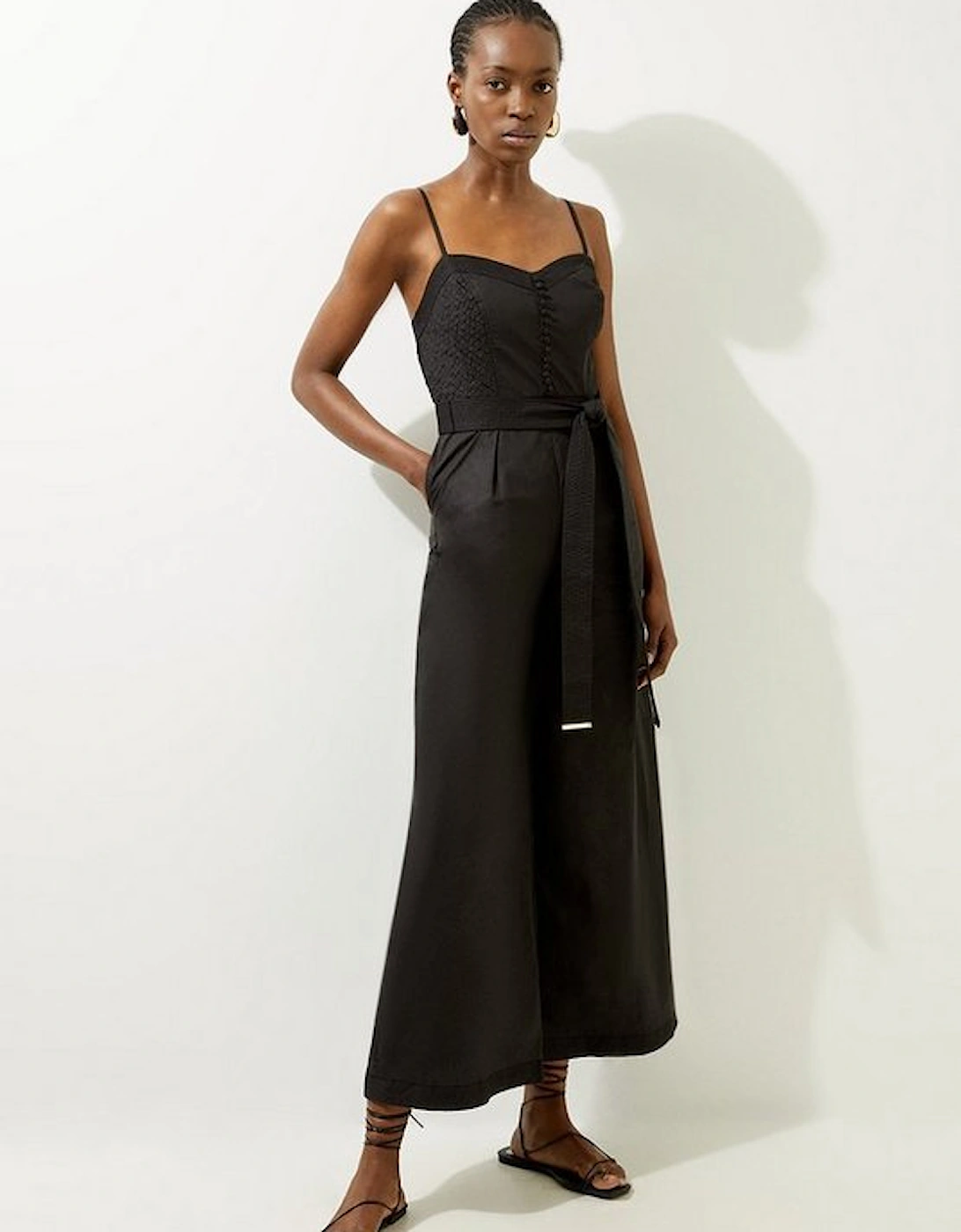 Cotton Top Stitch Pleated Woven Jumpsuit