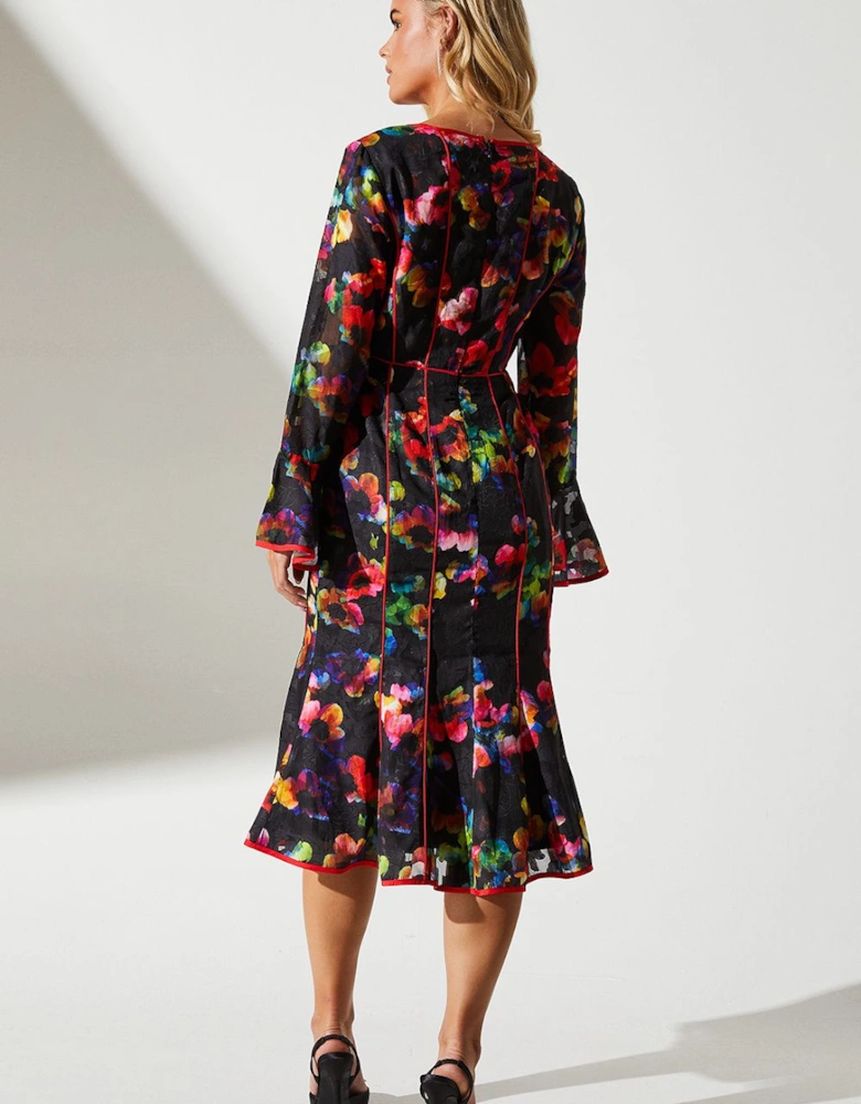 Petite Floral Print Long Sleeve Midi Dress