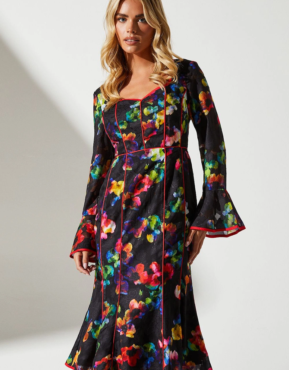 Petite Floral Print Long Sleeve Midi Dress