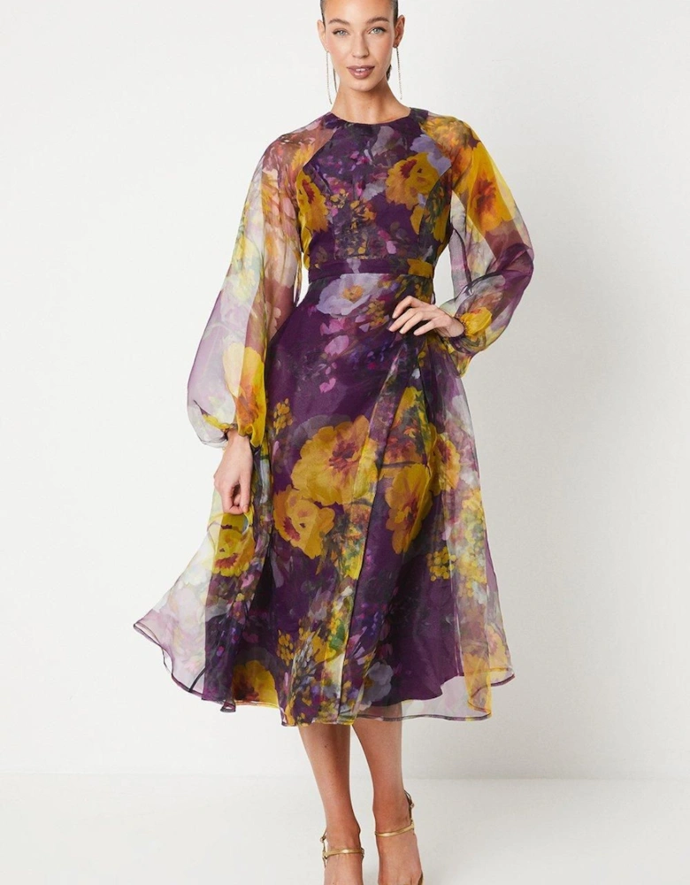 Organza Wrap Waist Puff Sleeve Midi Dress
