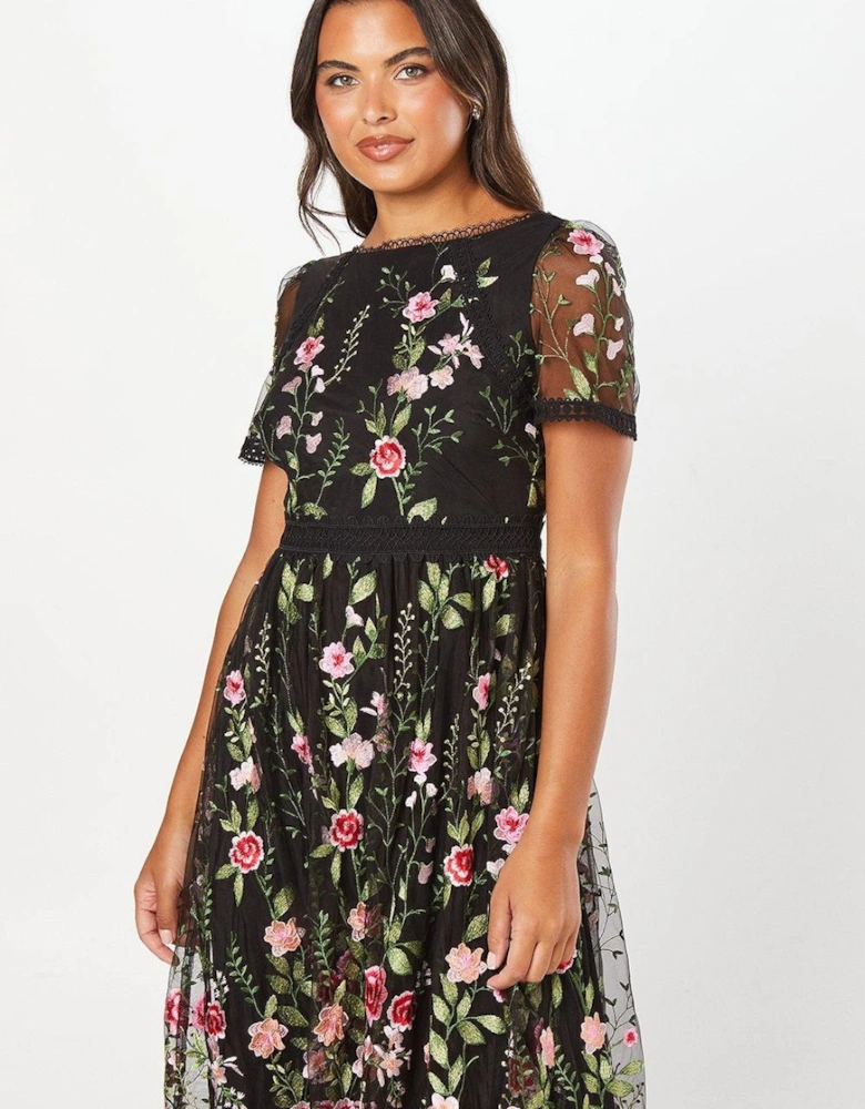 Lace Trim Detail Embroidered Mesh Midi Dress