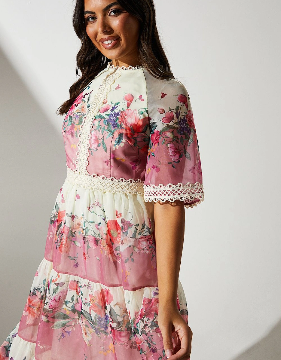 Organza Floral Tiered Lace Trim Midi Dress