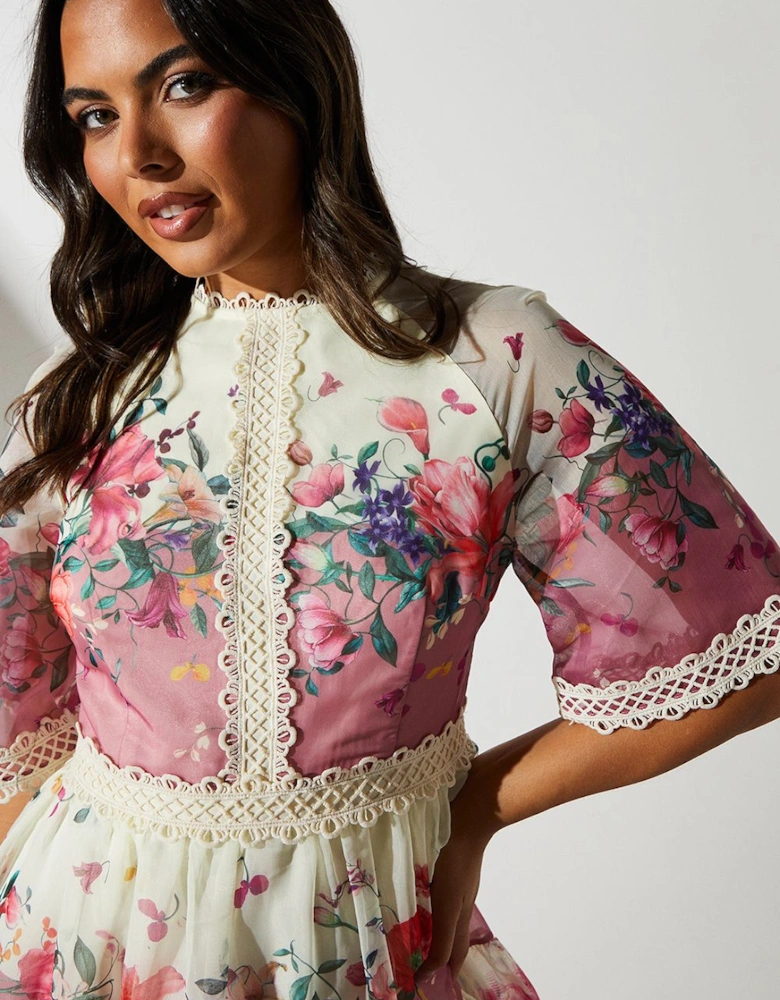 Organza Floral Tiered Lace Trim Midi Dress