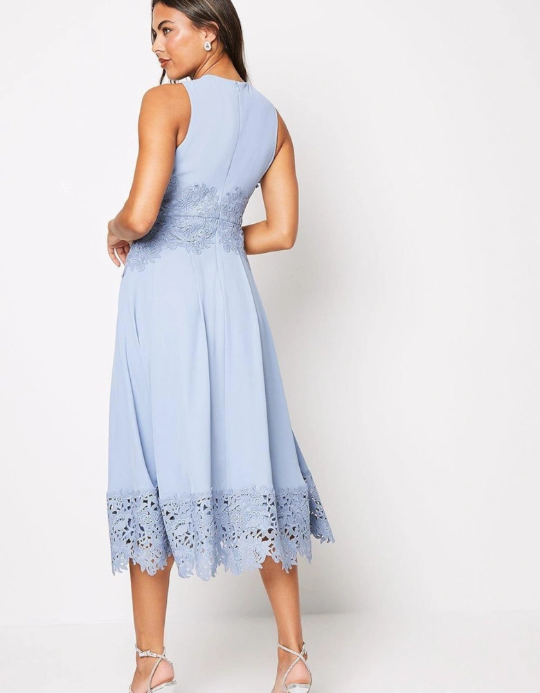 Cross Front Halterneck Crepe Midi Dress With Lace Trims