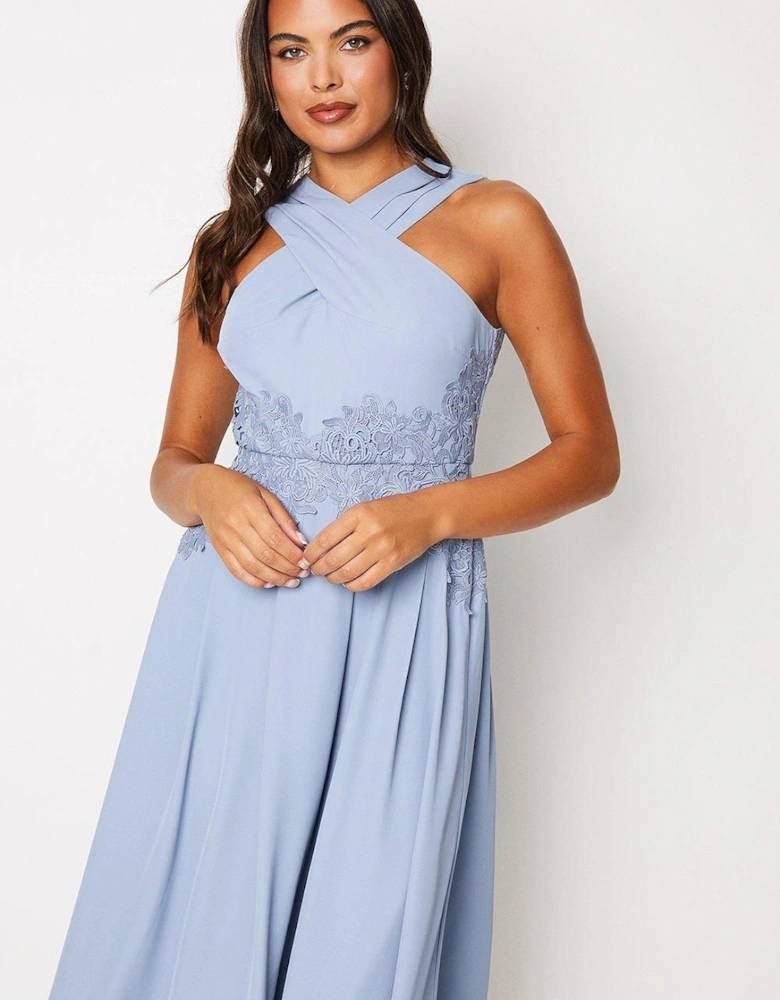 Cross Front Halterneck Crepe Midi Dress With Lace Trims