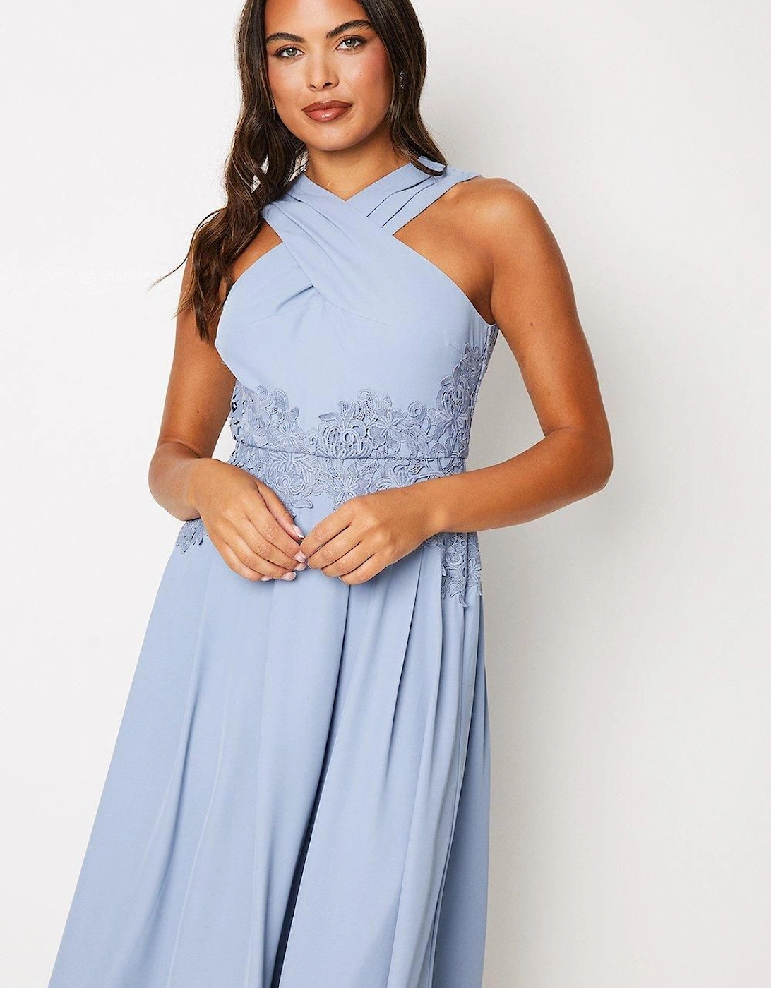 Cross Front Halterneck Crepe Midi Dress With Lace Trims