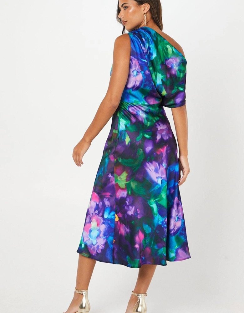 Printed One Shoulder Midi Wedding Guest Dress