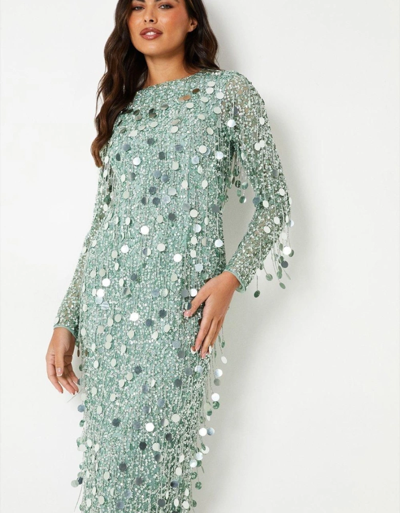 Premium Embellished Fringe And Disc Sequin Column Dress