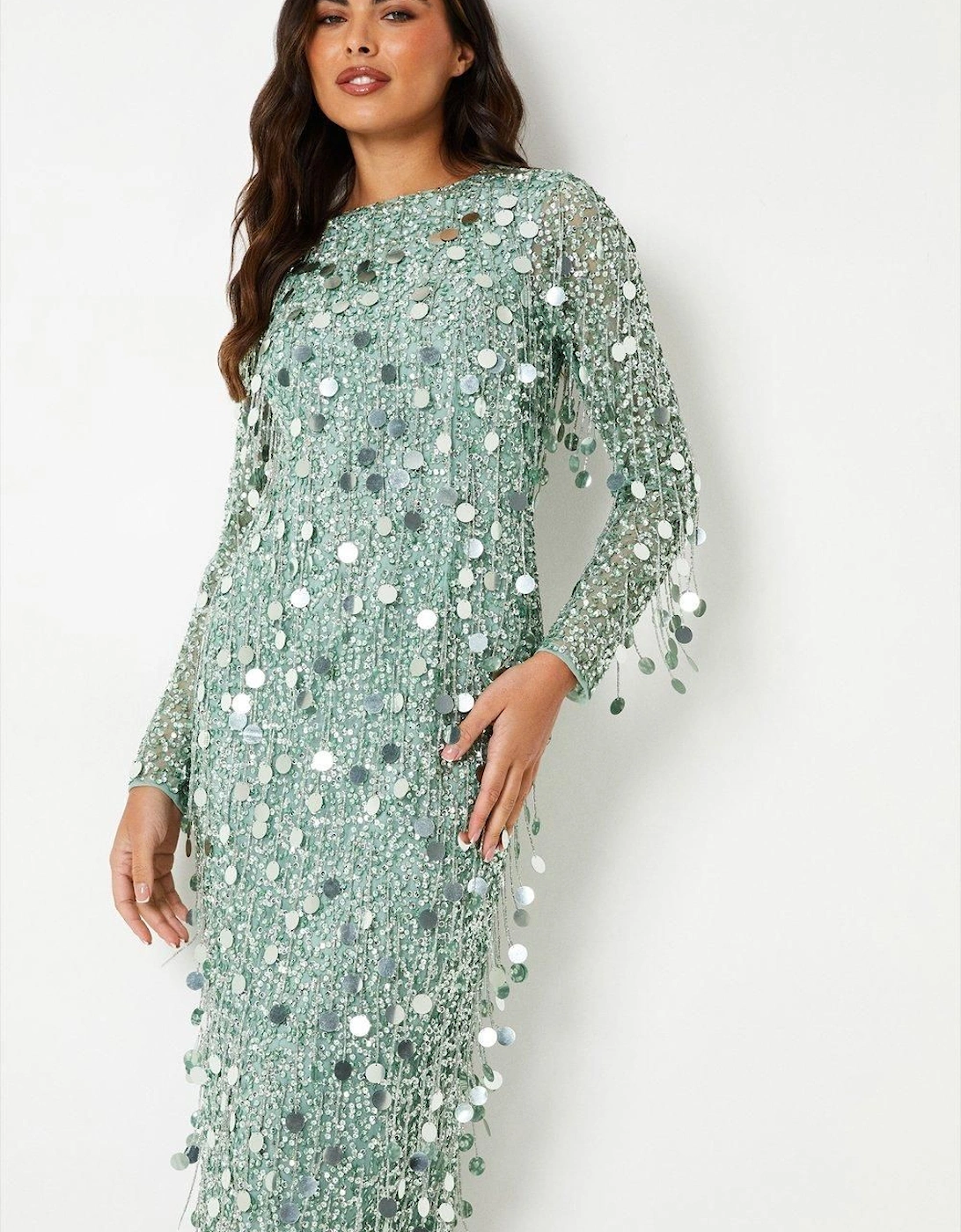 Premium Embellished Fringe And Disc Sequin Column Dress