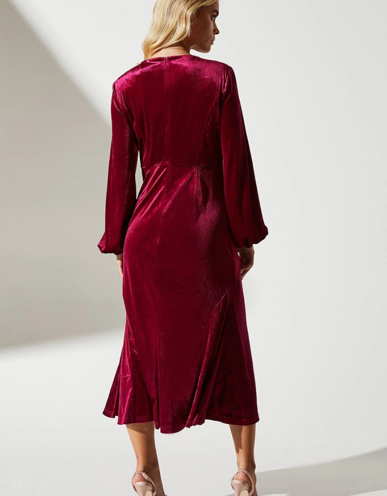 Petite Velvet Long Sleeve Midi Wedding Guest Dress