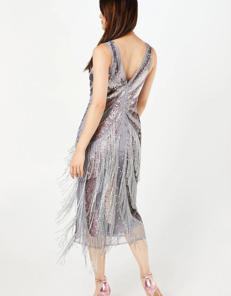 Party Sequin Silver Fringe Midi Dress