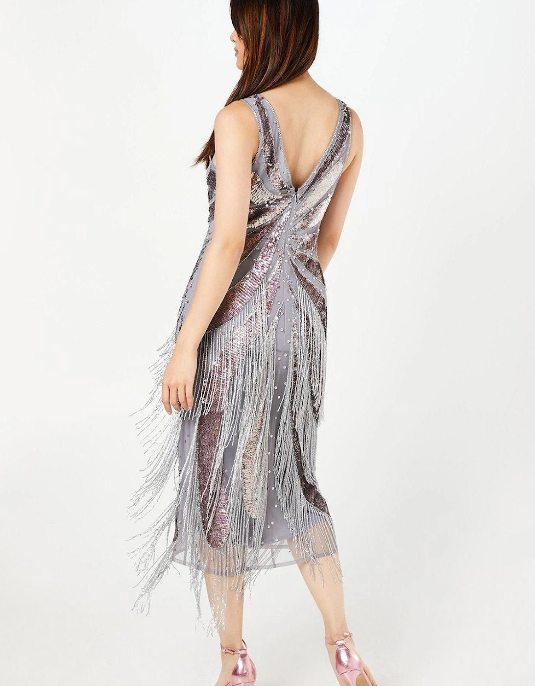 Party Sequin Silver Fringe Midi Dress