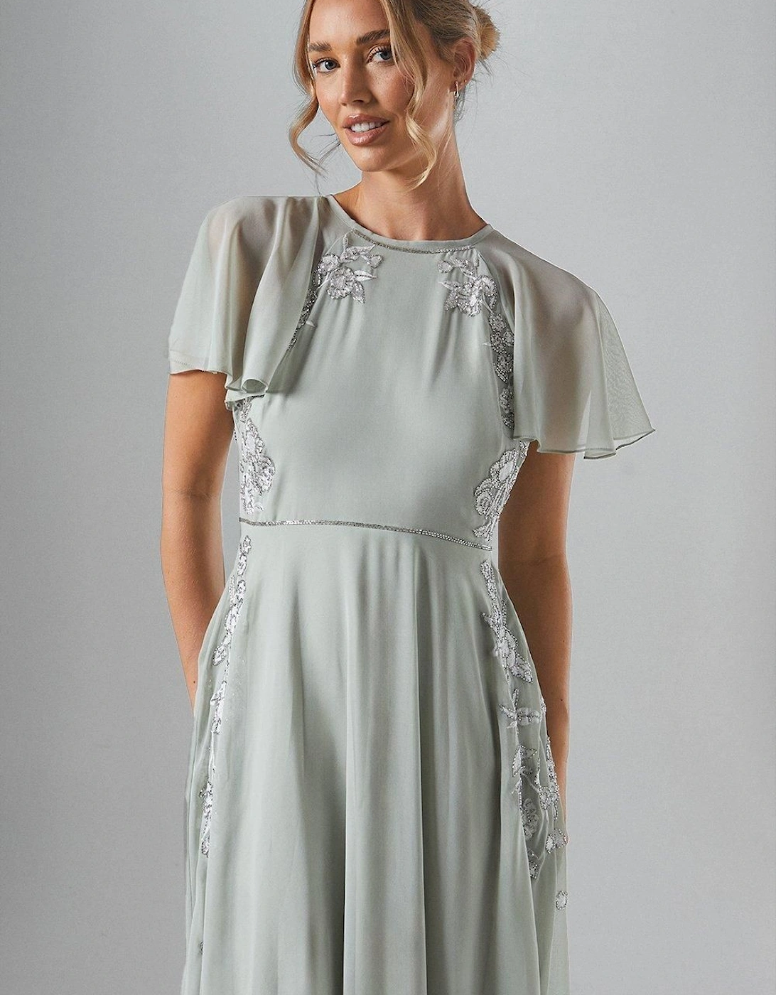 Angel Sleeve Embroidered Winter Floral Bridesmaid Maxi Dress