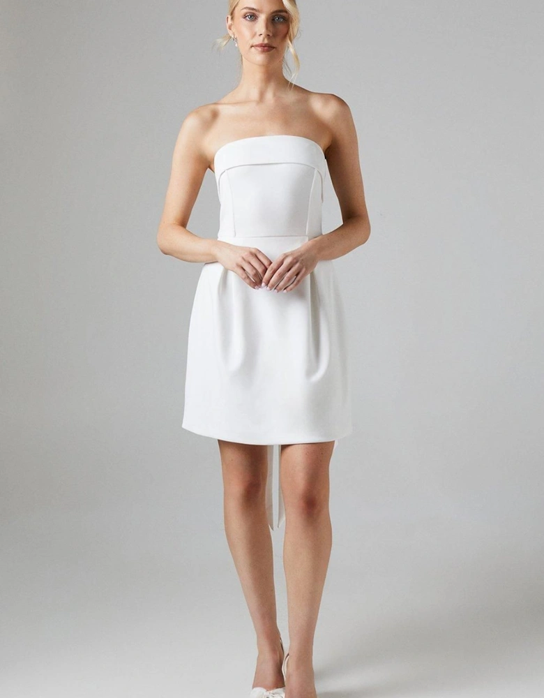 White Bow Back Bandeau Mini Wedding Dress In Stretch Crepe