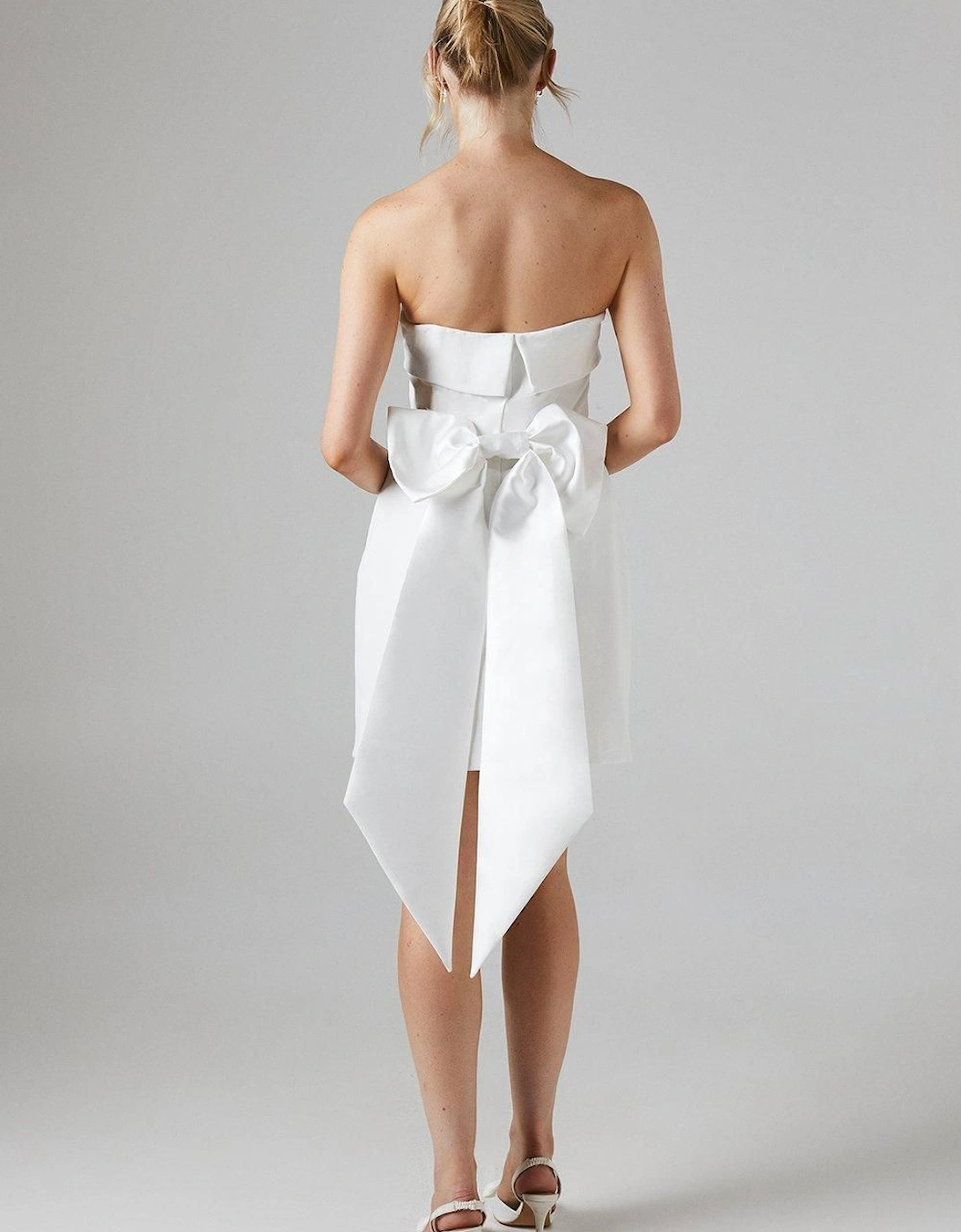 White Bow Back Bandeau Mini Wedding Dress In Stretch Crepe