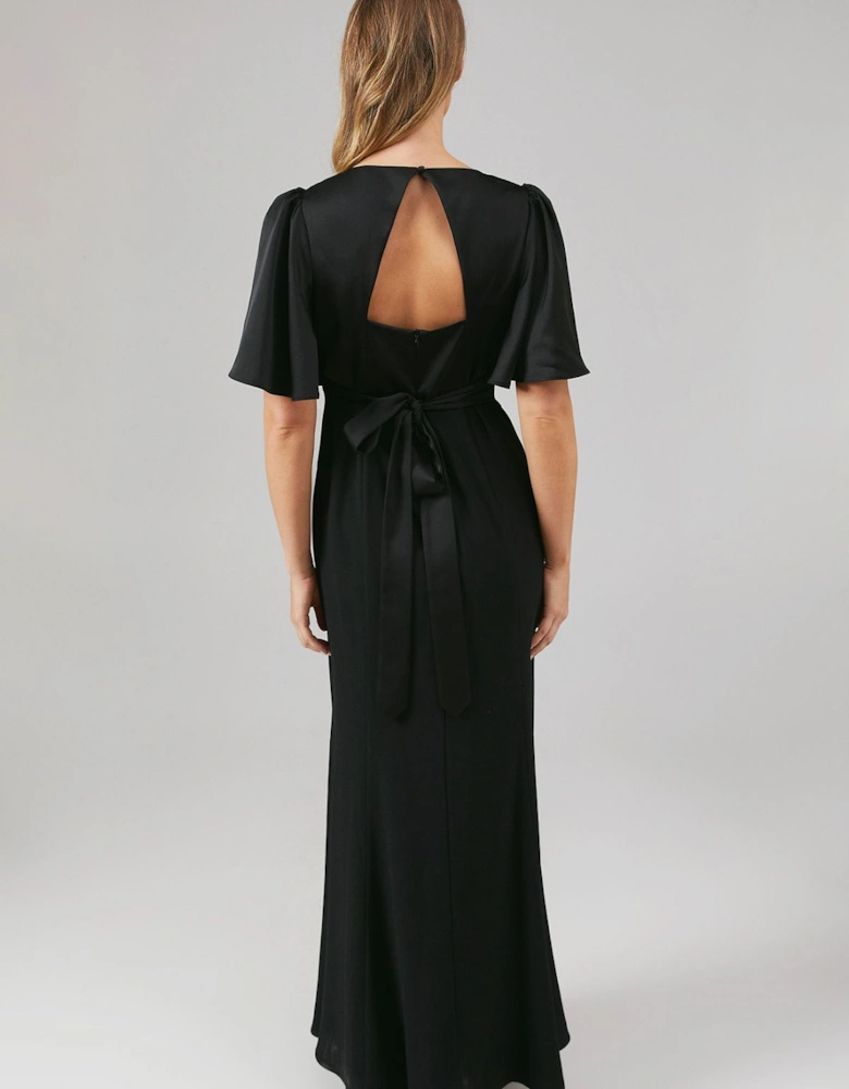 Contrast Satin Angel Sleeve Open Back Bridesmaid Dress