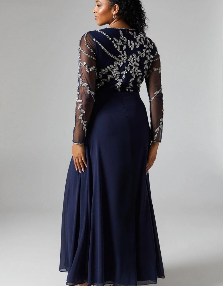 Encrusted Floral Applique Long Sleeve Embellished Bridesmaid Maxi Dress