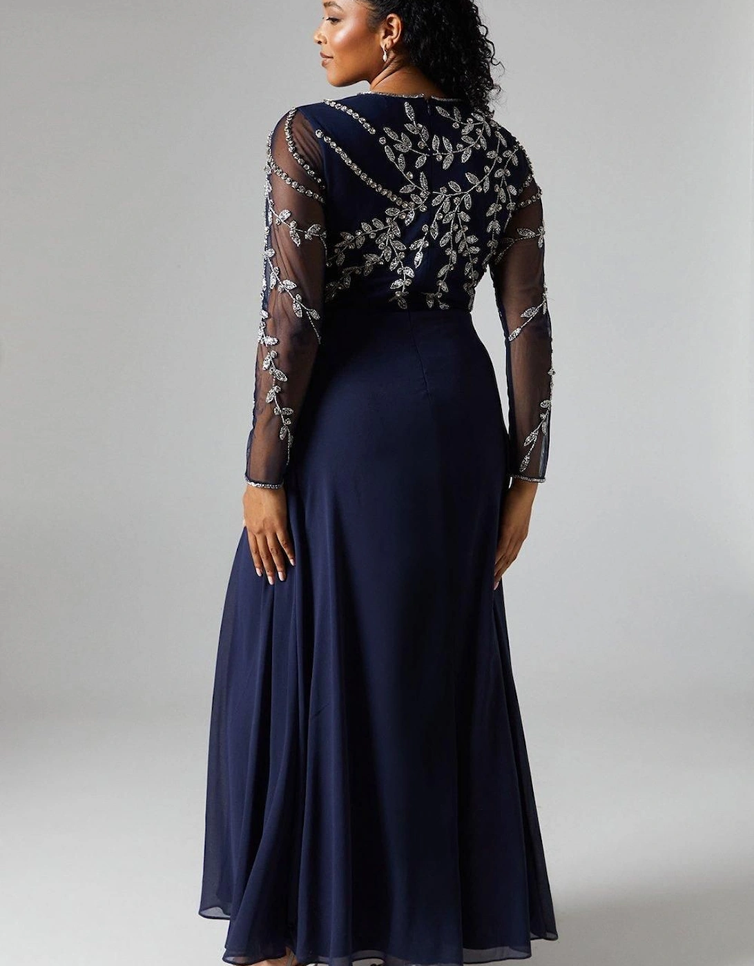 Encrusted Floral Applique Long Sleeve Embellished Bridesmaid Maxi Dress