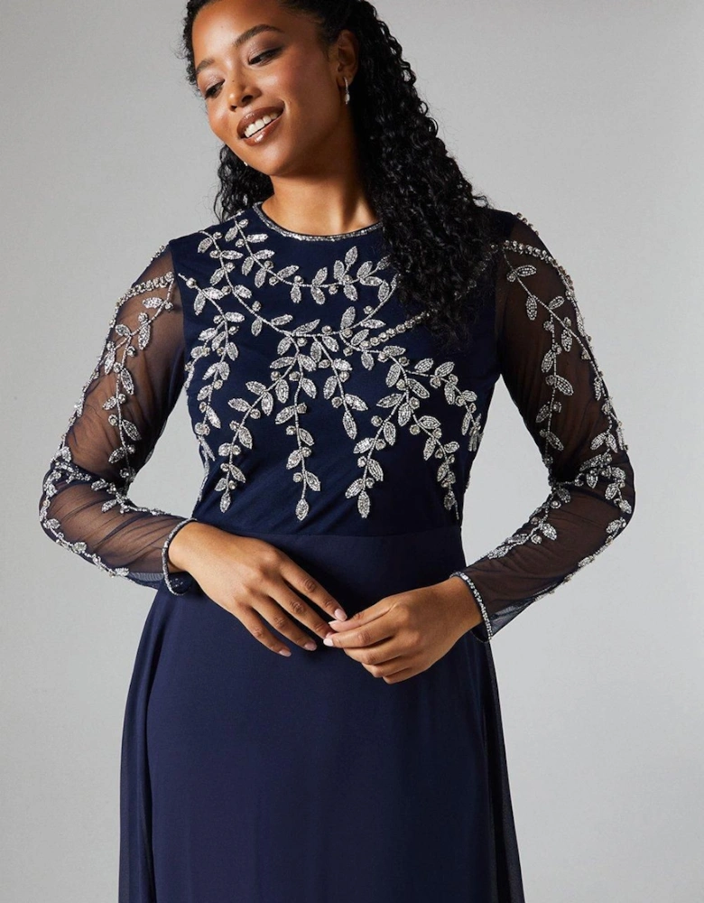 Encrusted Floral Applique Long Sleeve Embellished Bridesmaid Maxi Dress