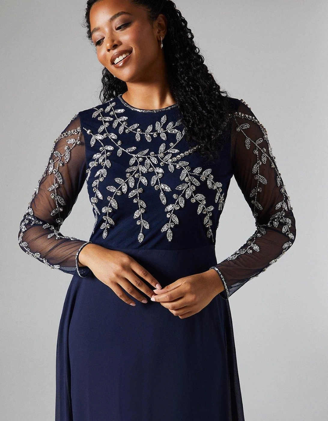 Encrusted Floral Applique Long Sleeve Embellished Bridesmaid Maxi Dress