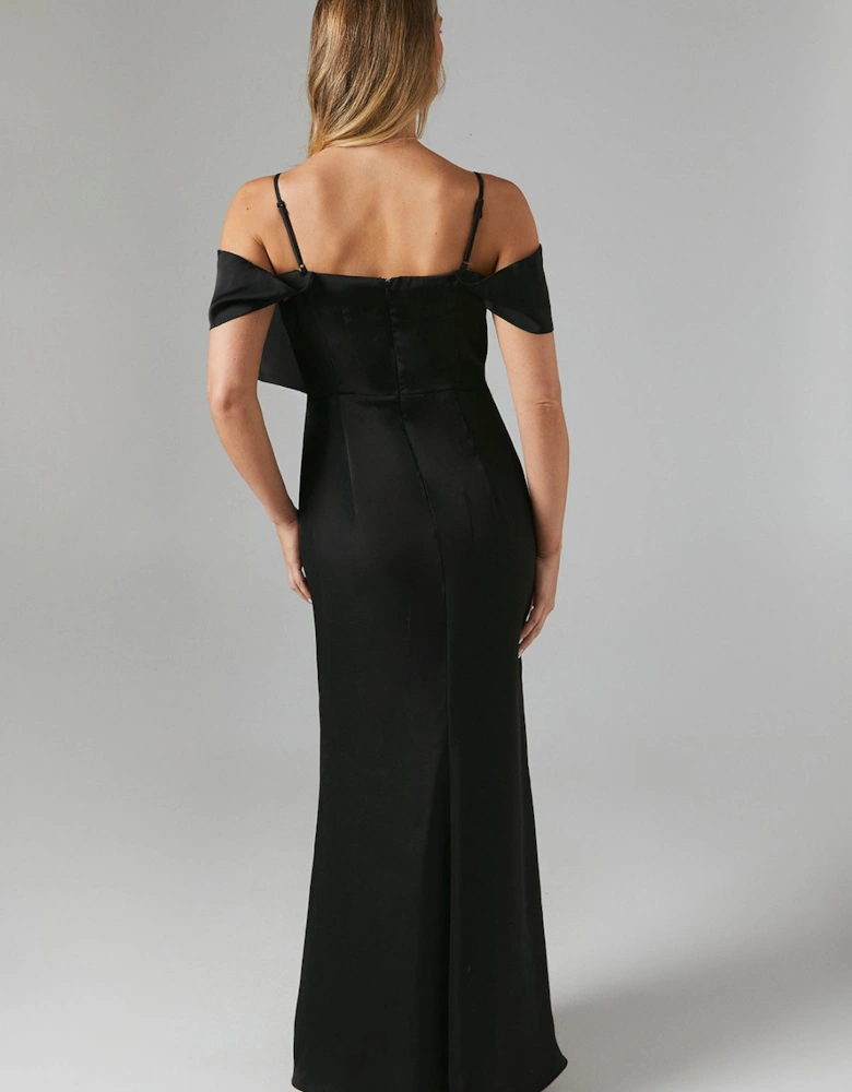 Draped Bardot Tie Detail Satin Bridesmaid Maxi Dress