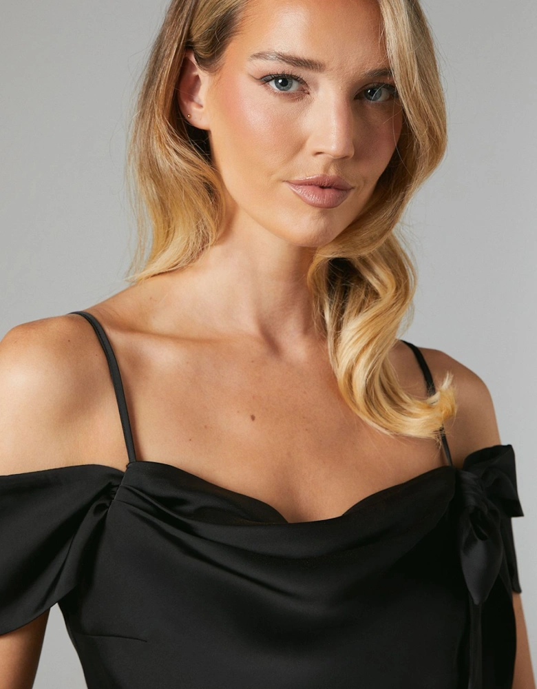 Draped Bardot Tie Detail Satin Bridesmaid Maxi Dress