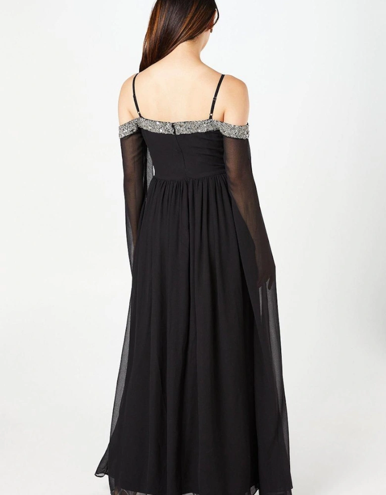 Cold Shoulder Chiffon Drape Sleeve Maxi DressWith Embellished Waistband