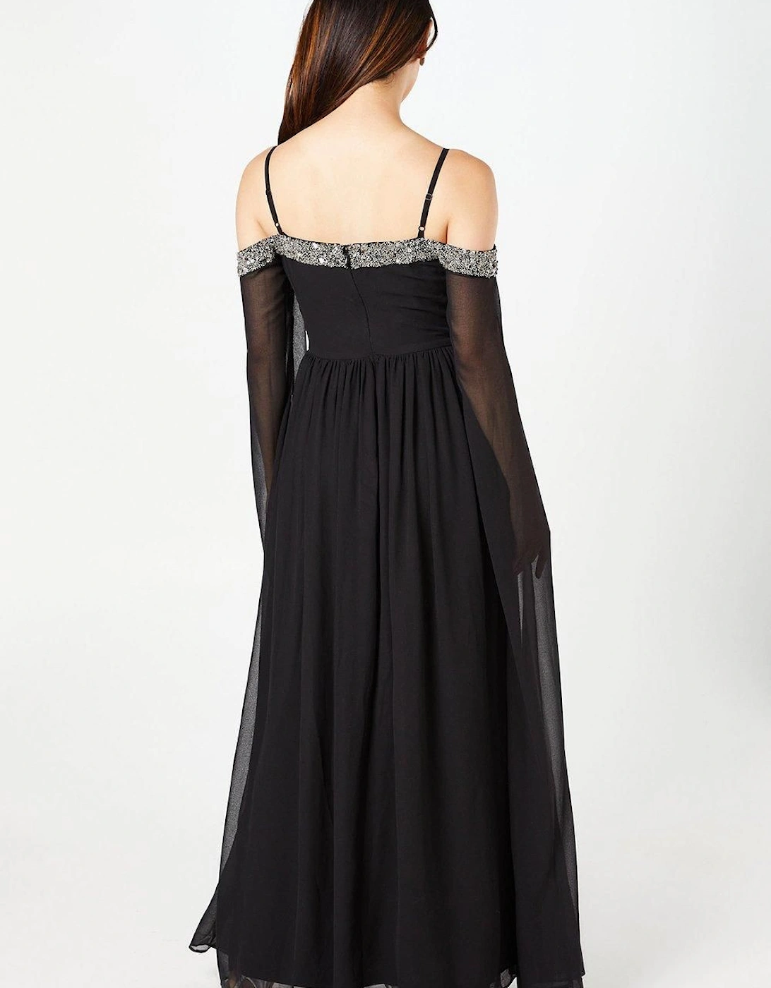 Cold Shoulder Chiffon Drape Sleeve Maxi DressWith Embellished Waistband