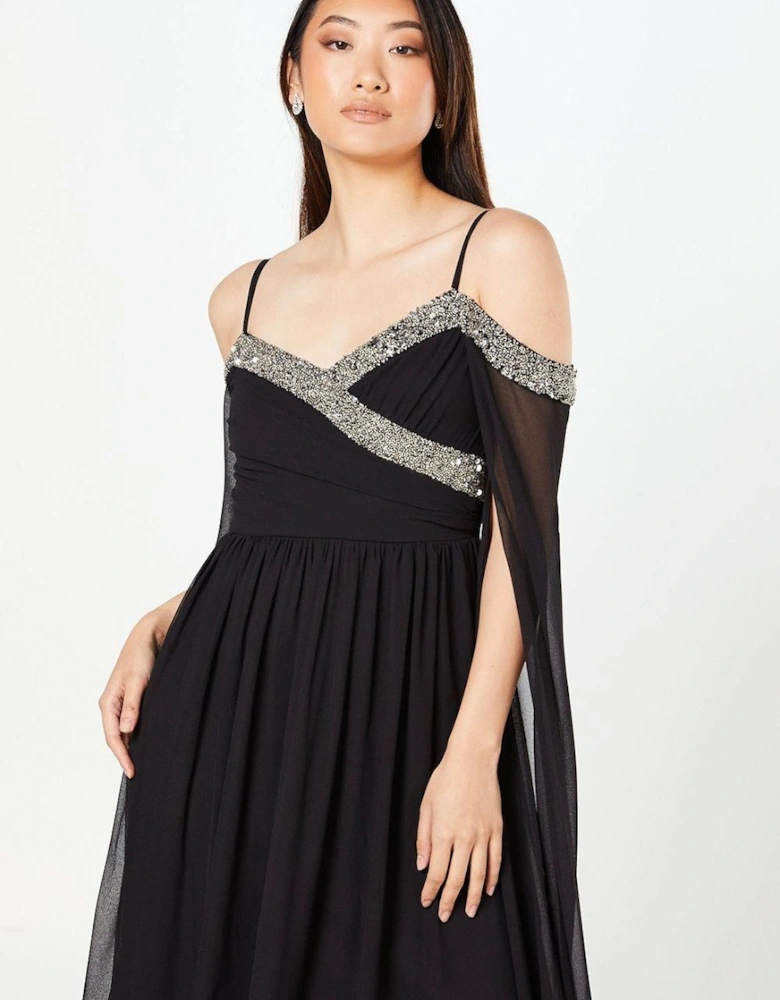 Cold Shoulder Chiffon Drape Sleeve Maxi DressWith Embellished Waistband