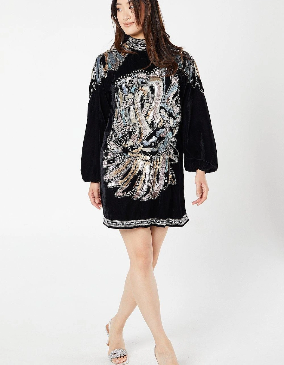 Party Sequin Long Sleeve Velvet Swing Dress