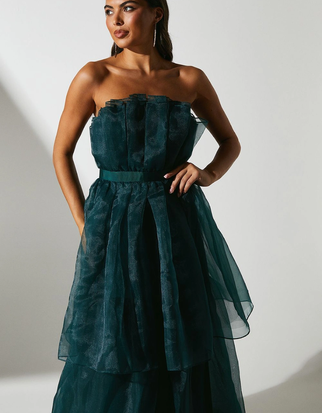 Organza Fan Bodice Maxi Dress