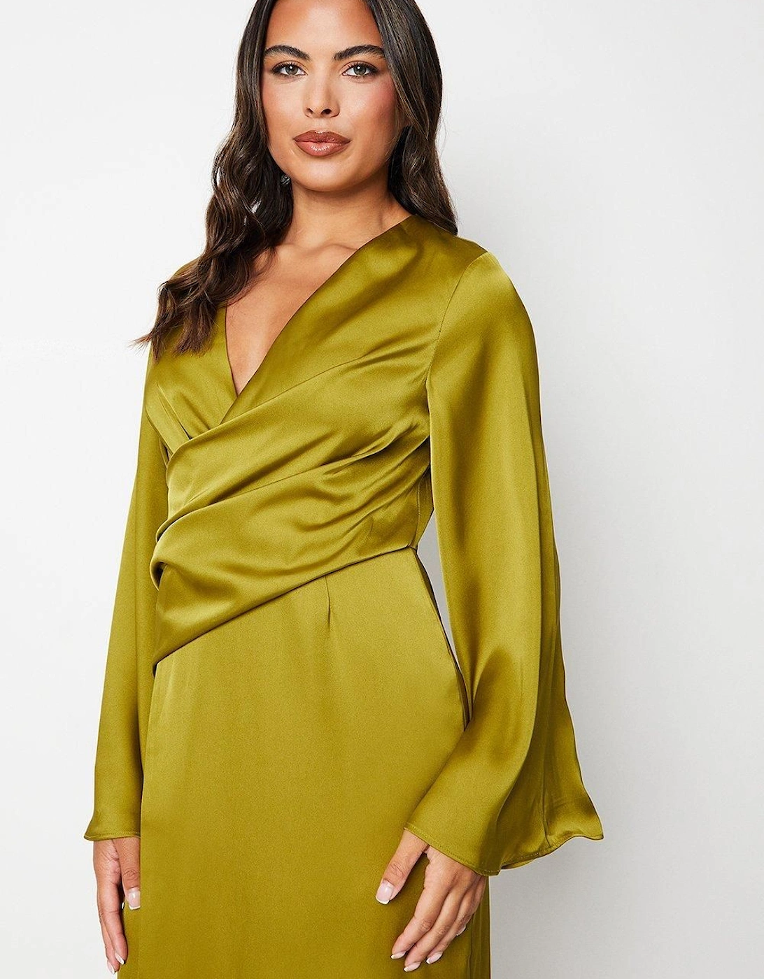 Satin Wrap Dress With Flare Sleeve