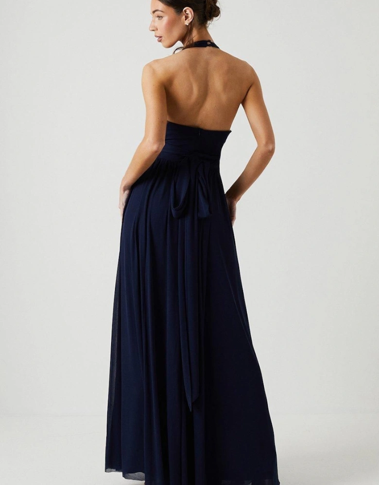 Plunge Neck Stretch Mesh Bridesmaid Dress