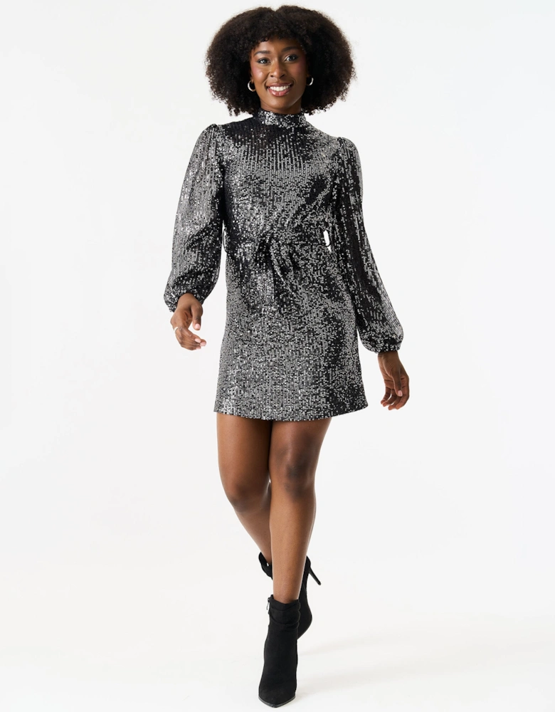 Black High Neck Long Sleeves Belted Sequin Dress