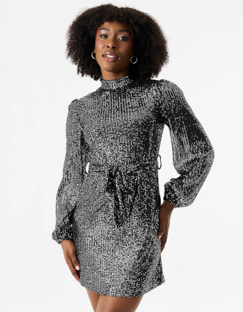 Black High Neck Long Sleeves Belted Sequin Dress