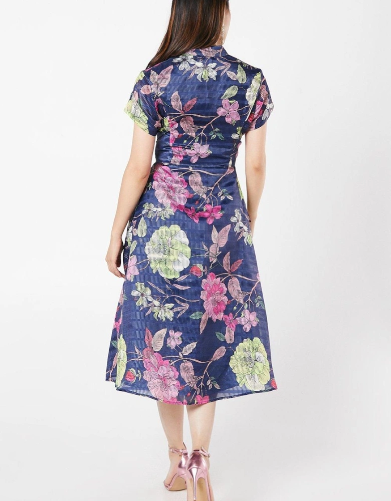 Organza Short Sleeve Printed Tie Waist Shirt Dress