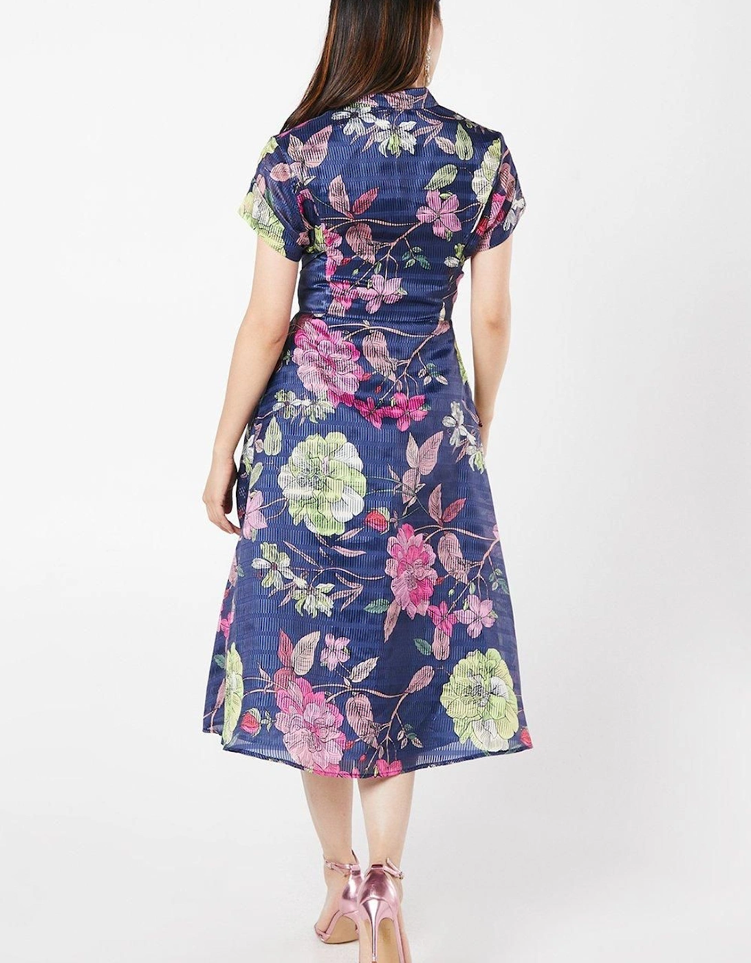 Organza Short Sleeve Printed Tie Waist Shirt Dress