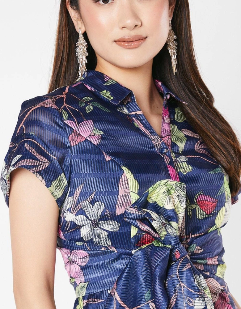 Organza Short Sleeve Printed Tie Waist Shirt Dress