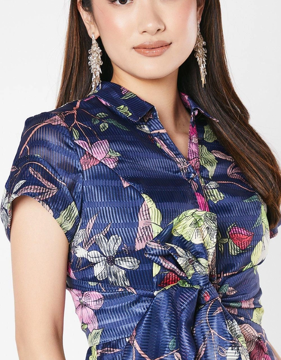 Organza Short Sleeve Printed Tie Waist Shirt Dress