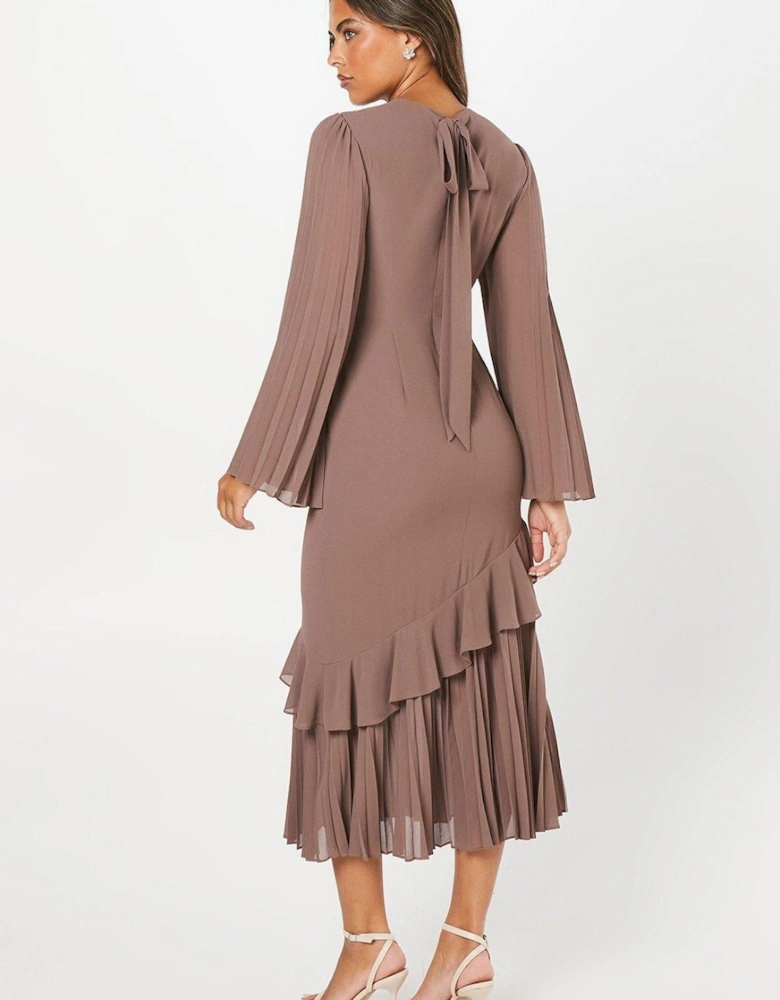 Pleat Mix Long Sleeve Midaxi Wedding Guest Dress