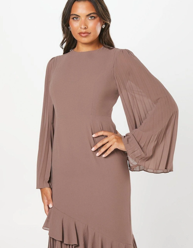 Pleat Mix Long Sleeve Midaxi Wedding Guest Dress