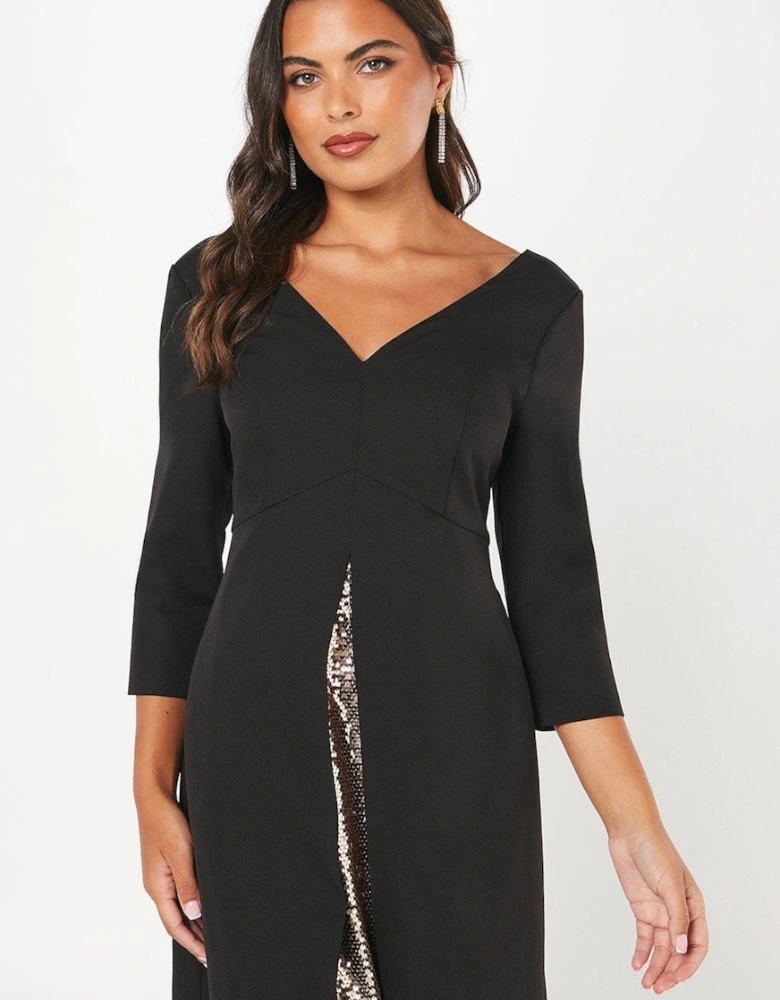 Party Sequin Insert Midi Dress With 3/4 Sleeves