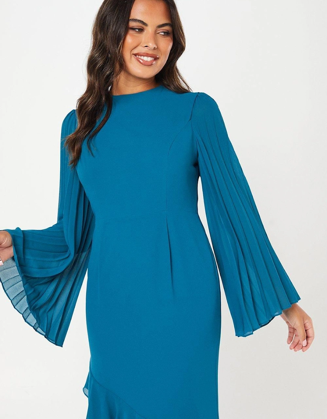 Pleat Mix Long Sleeve Midaxi Wedding Guest Dress