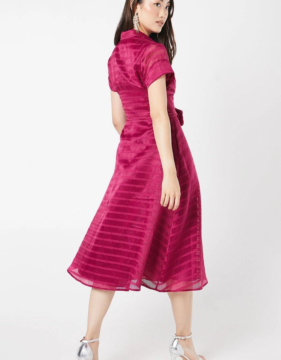 Organza Short Sleeve Tie Waist Shirt Dress