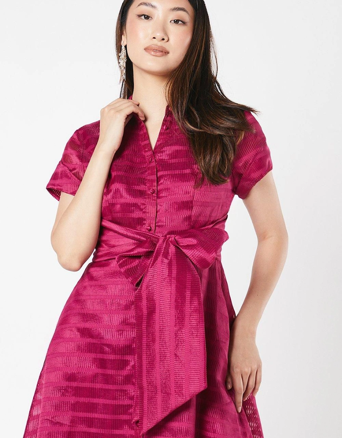 Organza Short Sleeve Tie Waist Shirt Dress