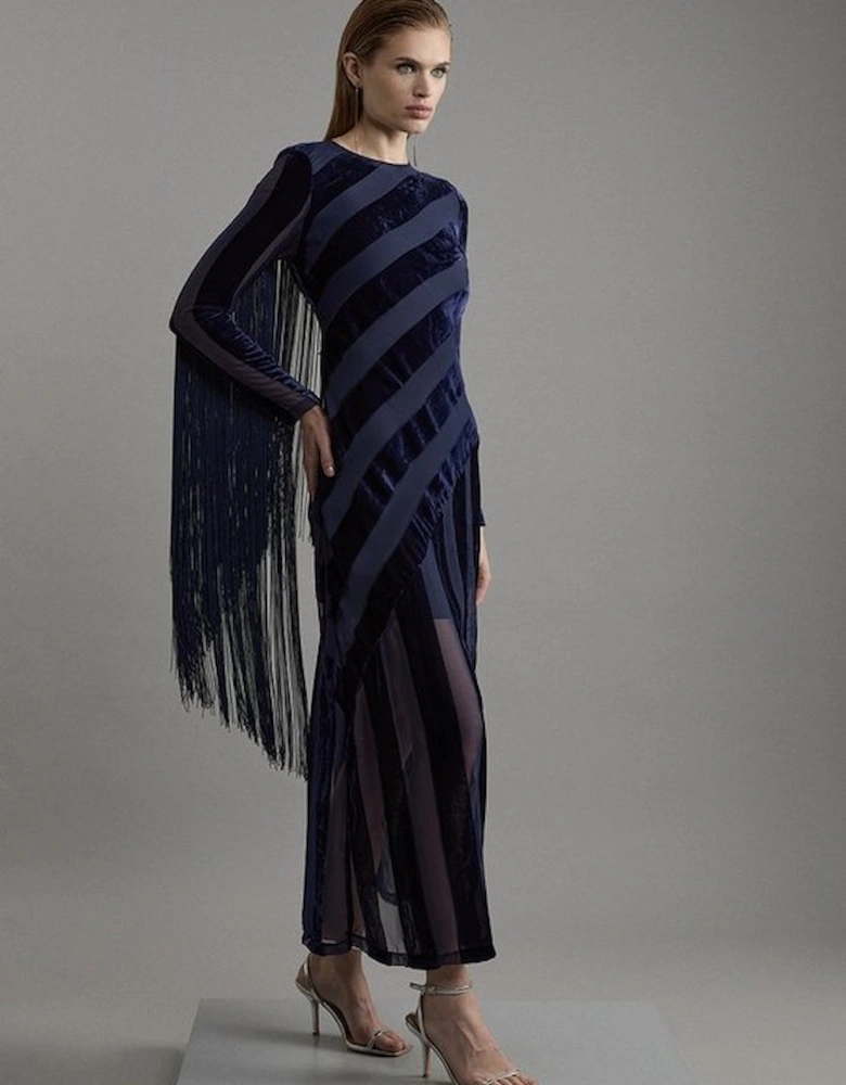 Petite Fringed Velvet Devore Long Sleeve Woven Maxi Dress