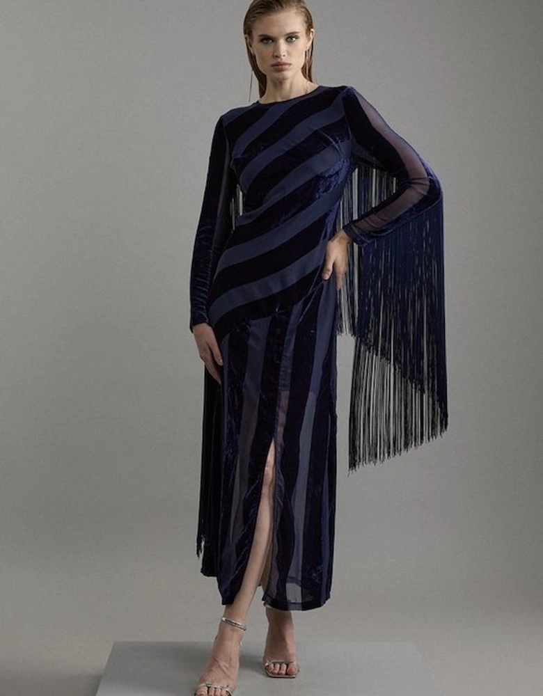 Fringed Velvet Devore Long Sleeve Woven Maxi Dress