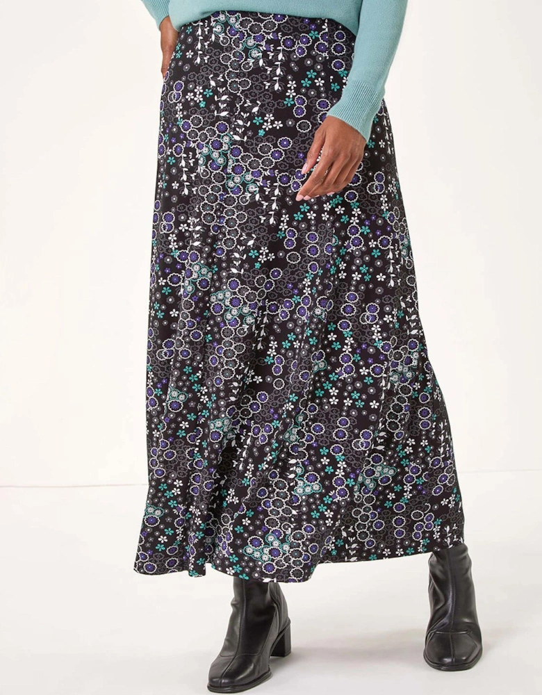 Ditsy Floral Print Stretch Midi Skirt - Blue